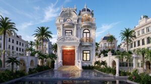 Mẫu biệt thự tân cổ điển mái Mansard 3 tầng với mặt tiền đối xứng bề thế, cửa gỗ tự nhiên cao cấp, kết hợp sân vườn xanh mát tạo nên không gian sống đẳng cấp và tinh tế.