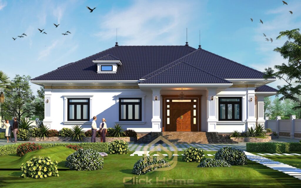 Mẫu nhà vườn mái Nhật 1 tầng hiện đại, thiết kế mái Nhật sang trọng, không gian thoáng mát, phù hợp xây dựng ở nông thôn và ngoại ô