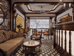 Mô hình thiết kế nhà ở kết hợp kinh doanh quán cafe với không gian nội thất sang trọng, ấm cúng.