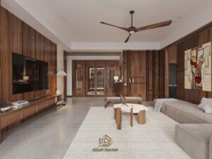 Thiết kế nội thất phòng khách căn hộ Vinhomes Cổ Loa sử dụng gỗ óc chó tự nhiên