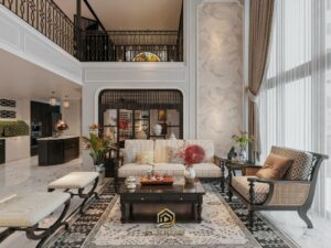 Thiết kế phòng khách biệt thự phong cách Indochine hiện đại, mang lại vẻ đẹp sang trọng và đẳng cấp cho không gian sống.