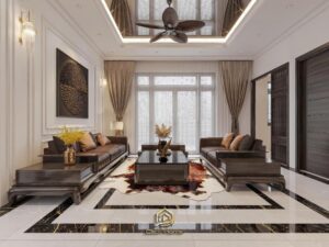 Thiết kế nội thất phòng bếp biệt thự hiện đại với hệ tủ bếp kịch trần cao cấp và bàn đảo đá marble sang trọng.