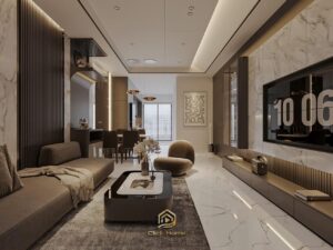 Thiết kế nội thất phòng khách chung cư hiện đại, tối ưu công năng và ánh sáng.
