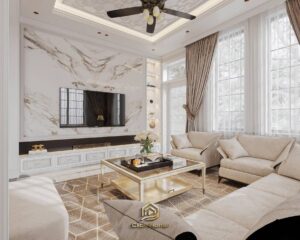 Mẫu thiết kế nội thất phòng khách biệt thự phong cách hiện đại, sang trọng với tông màu kem ấm áp.