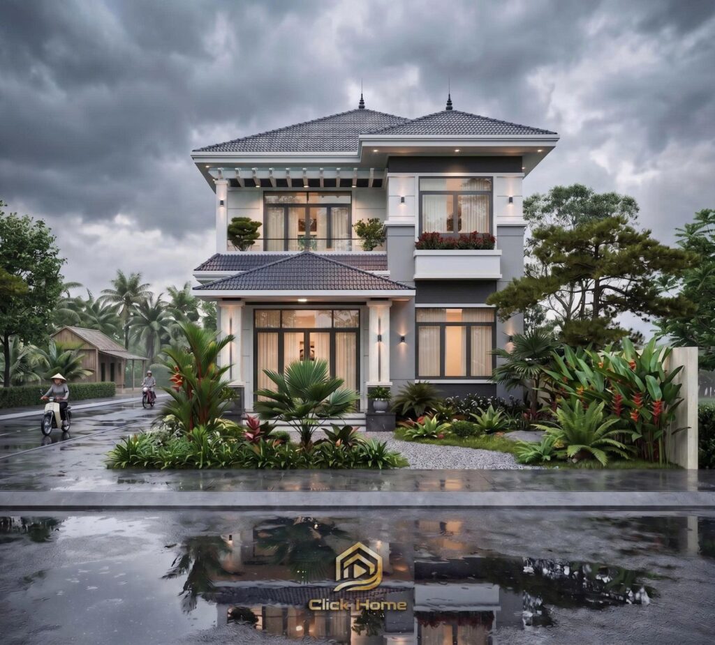 Mẫu thiết kế nhà mái Nhật 2 tầng hiện đại đẹp tại Bắc Giang, kết hợp hoàn hảo giữa vật liệu cao cấp và không gian xanh mát.